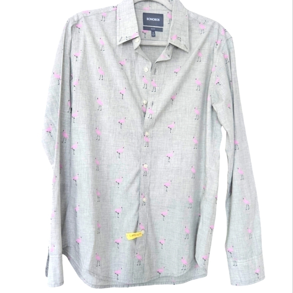 Bonobos gray pink flamingos slim fir button down shirt size S